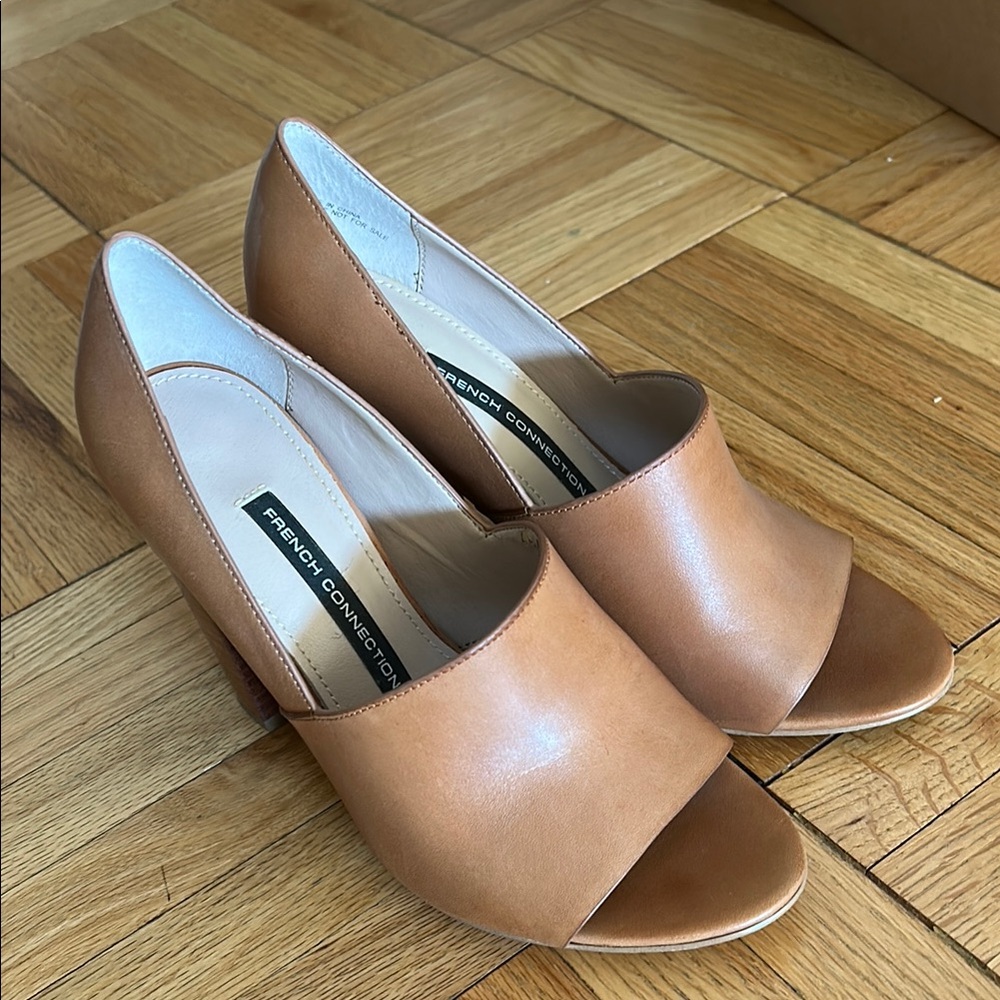 French Connection Tan Open-Toe Block Heel Pumps